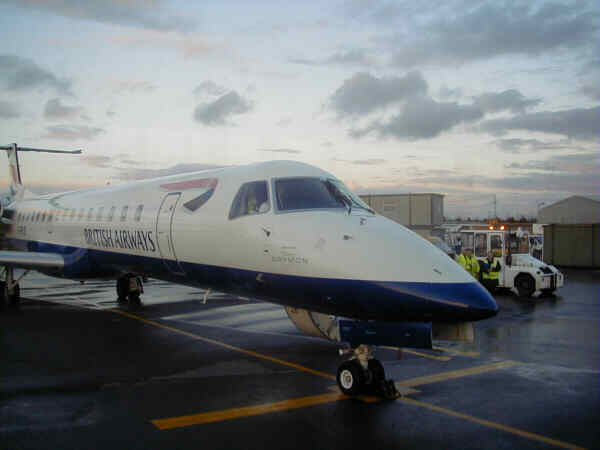 14 December 2000 (1555) G-ERJF BRY ERJ145 at BRS for BA4038 to EDI (nose view).