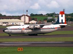 4 August 2001 (1355) G-HLFT Heavylift Short SC5 Belfast on PIK Apron F