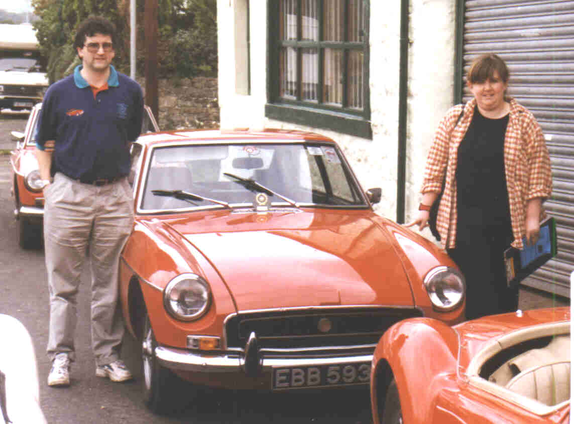 MGB GT, driver and navigator at the end of MGCC Cumbria Naviscat